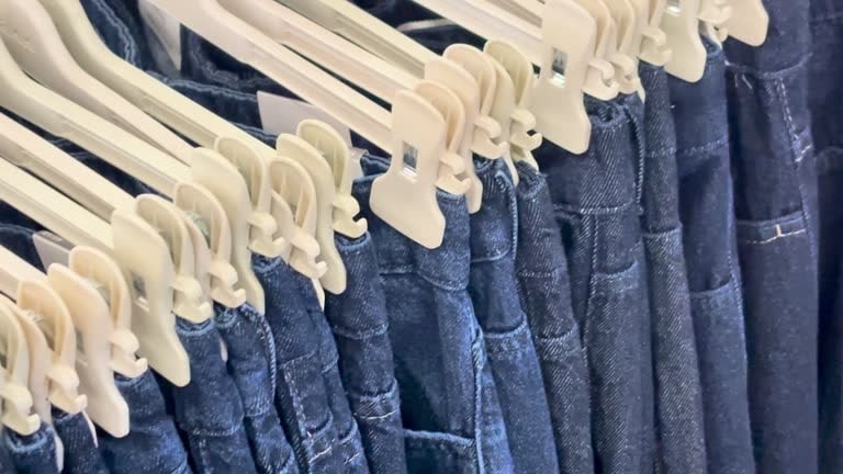 Row of denim pants on hangers, showcasing various styles that require different yards of fabric for sewing.
