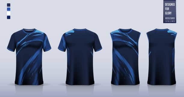 Set of navy blue polyester sports jerseys with dynamic design, showcasing a synthetic cloth fabric type for athletic apparel.