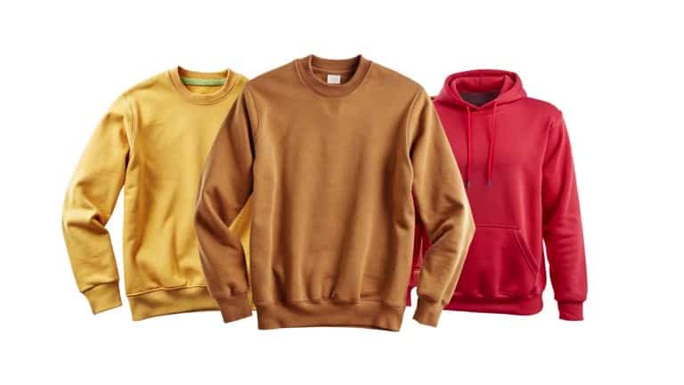 Side-by-side display of two crewneck sweatshirts and one red hoodie showing key design differences